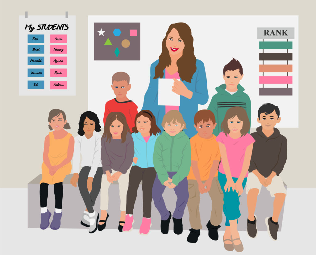 class photo graphic of first-graders and a teacher