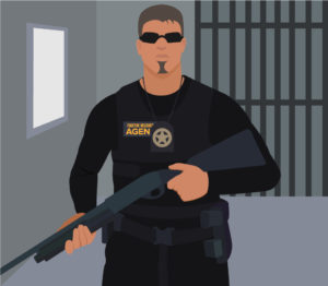 portrait graphic of a fugitive recovery agent with a gun
